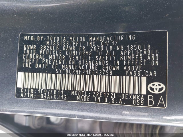 Toyota COROLLA LE 2017 5YFBURHE2HP643758 Image 9