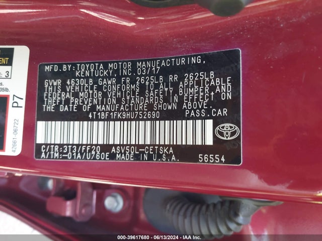 Toyota CAMRY SE 2017 4T1BF1FK9HU752690 Image 9