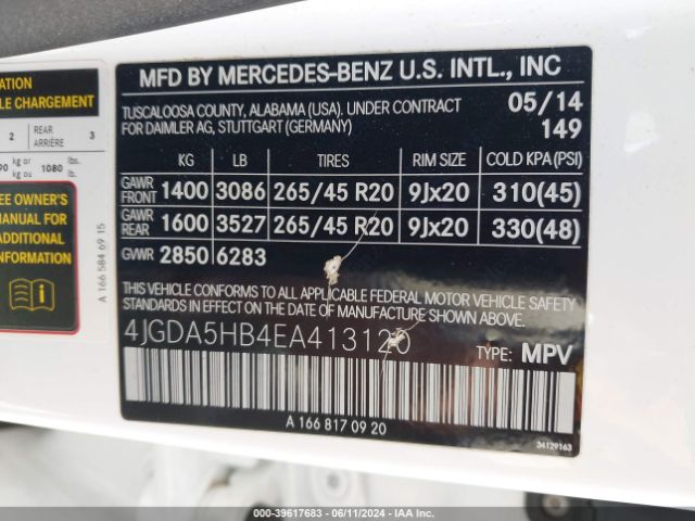 4JGDA5HB4EA413120 Mercedes-Benz Ml 350 4matic
