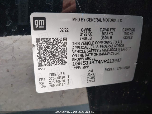 1GKS1JKT4NR213947 GMC Yukon Xl 2wd Denali