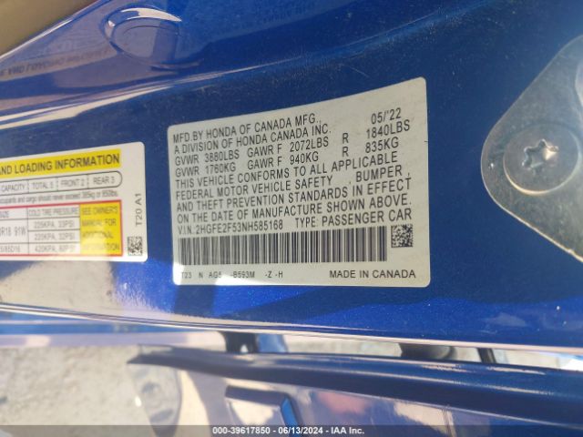 2HGFE2F53NH585168 Honda Civic Sport