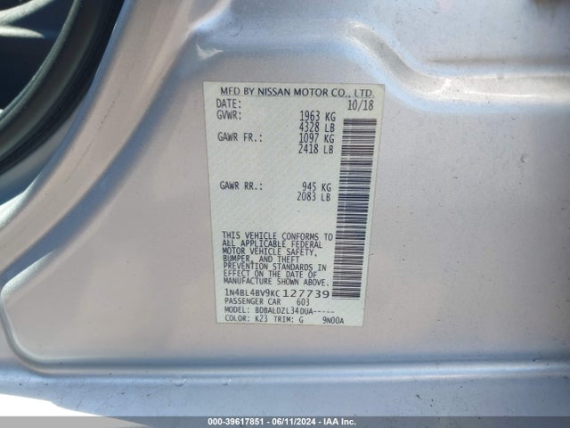 Nissan Altima 2.5 S 2019 1N4BL4BV9KC127739 Image 9