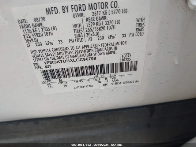 Ford EXPLORER XLT 2020 1FMSK7DHXLGC96759 Image 9