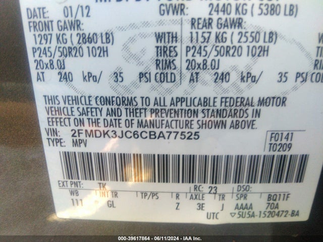 Продаж на аукціоні авто 2012 Ford Edge Sel, vin: 2FMDK3JC6CBA77525, номер лоту: 39617864