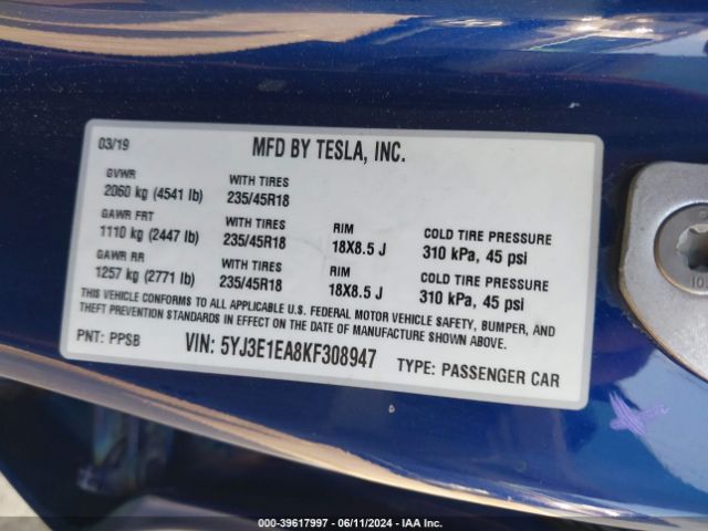 5YJ3E1EA8KF308947 Tesla Model 3 Long Range/mid Range/standard Range/standard Range Plus