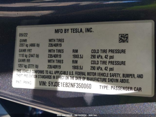 5YJ3E1EB2NF350060 Tesla Model 3 Long Range Dual Motor All-wheel Drive