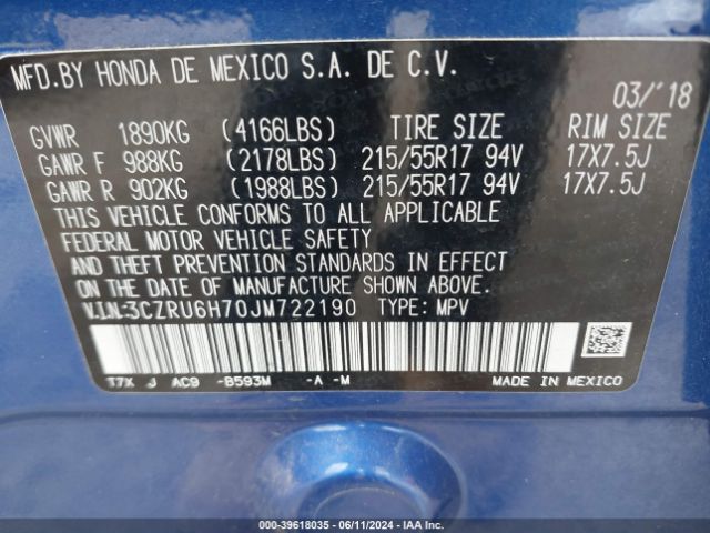 3CZRU6H70JM722190 Honda Hr-v Ex-l