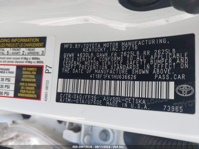 Toyota CAMRY SE 2017 4T1BF1FK1HU636626 Image 9