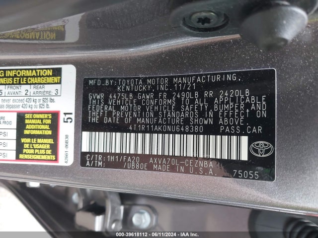 Toyota CAMRY LE 2022 4T1R11AK0NU648380 Image 9
