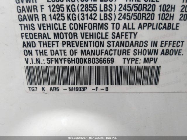 5FNYF6H00KB036669 Honda Pilot Elite