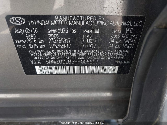 5NMZUDLB5HH006503 Hyundai Santa Fe Sport 2.4l