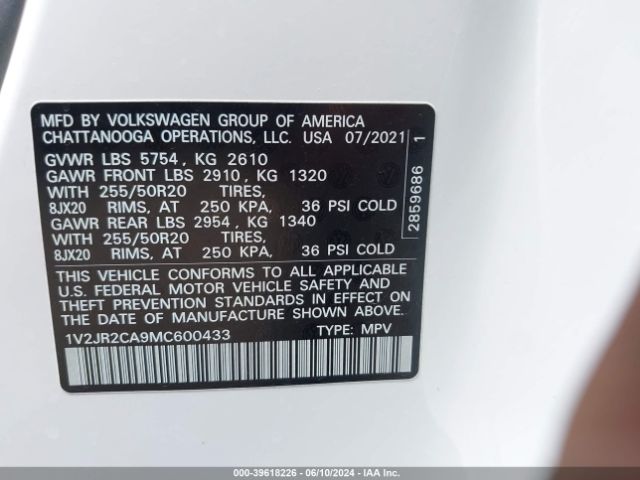 1V2JR2CA9MC600433 Volkswagen Atlas 3.6l V6 Se W/technology