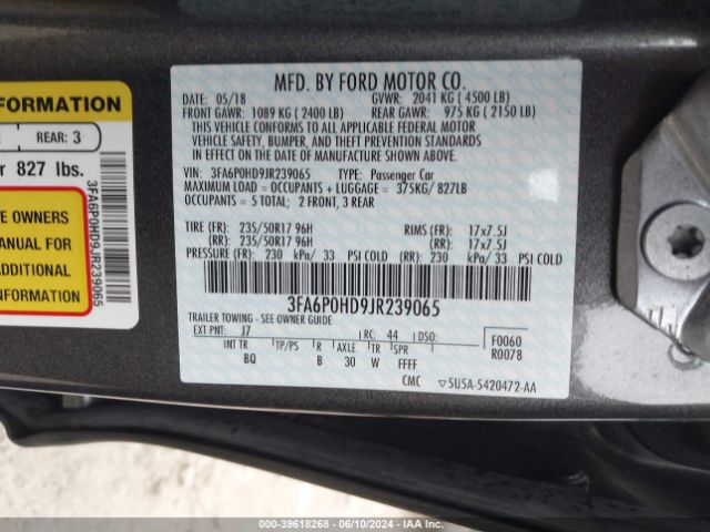 3FA6P0HD9JR239065 Ford FUSION SE