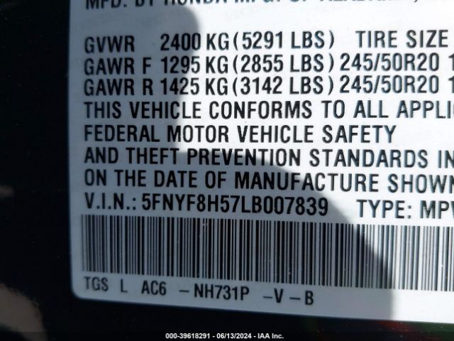 5FNYF8H57LB007839 Honda Passport Awd Ex-l
