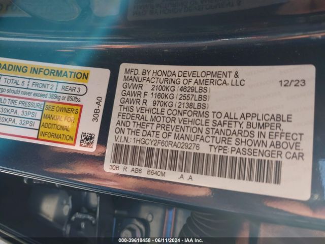 1HGCY2F60RA029276 Honda Accord Hybrid Ex-l