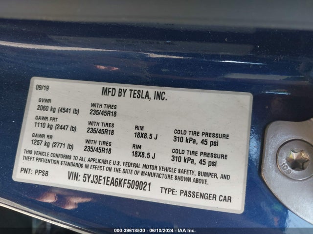 Tesla Model 3 Long Range/mid Range/standard Range/standard Range Plus 2019 5YJ3E1EA6KF509021 Image 9
