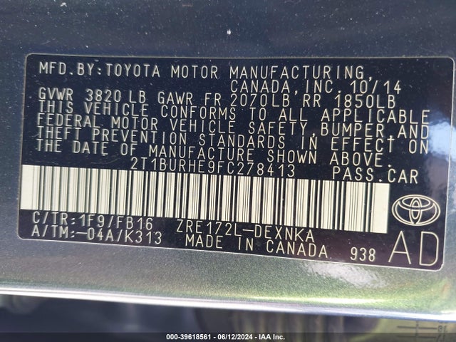 Toyota COROLLA LE 2015 2T1BURHE9FC278413 Image 9