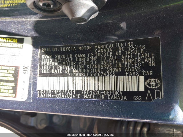 Toyota COROLLA L 2016 2T1BURHE5GC674355 Image 9