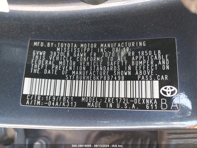 Toyota COROLLA LE 2019 5YFBURHE6KP887498 Image 9
