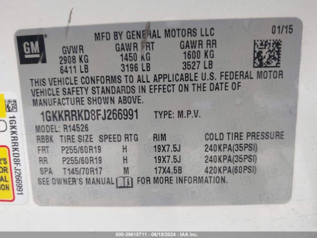 1GKKRRKD8FJ266991 GMC Acadia Slt-1