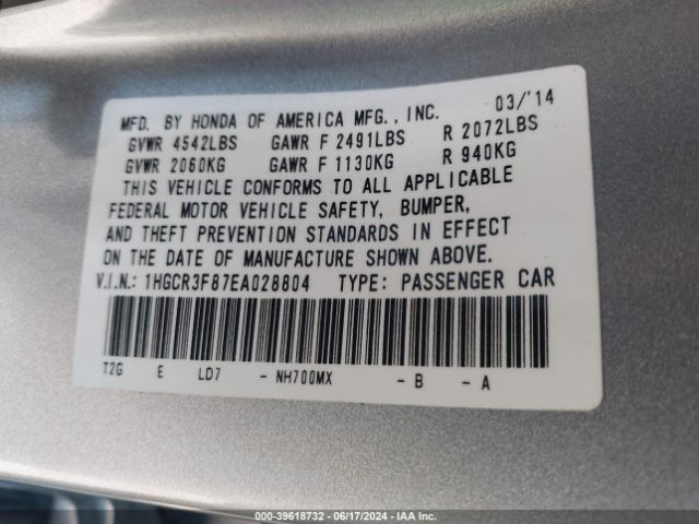 1HGCR3F87EA028804 Honda Accord Ex-l V-6