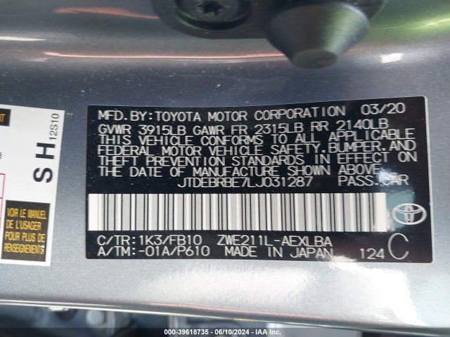 Toyota Corolla Hybrid Le 2020 JTDEBRBE7LJ031287 Image 9