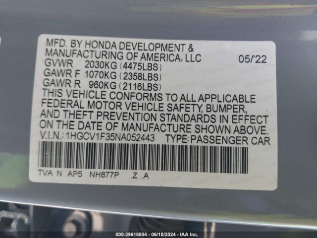 1HGCV1F35NA052443 Honda Accord Sport