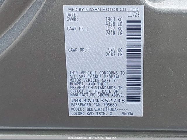 1N4BL4DV1RN352748 Nissan Altima Sv Fwd