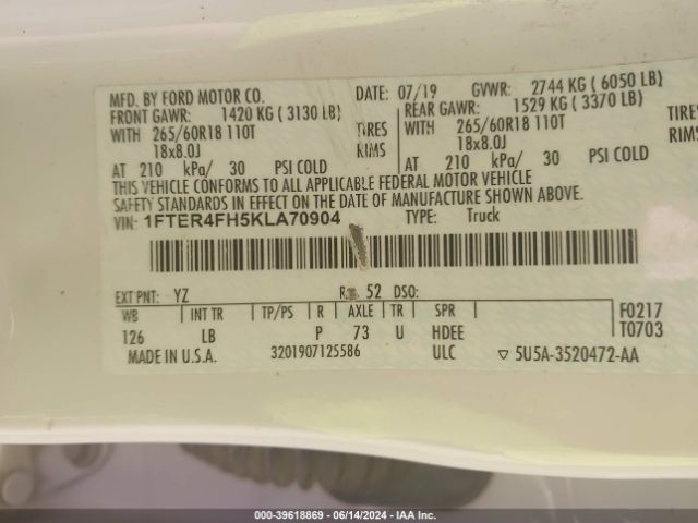 1FTER4FH5KLA70904 Ford Ranger Xlt