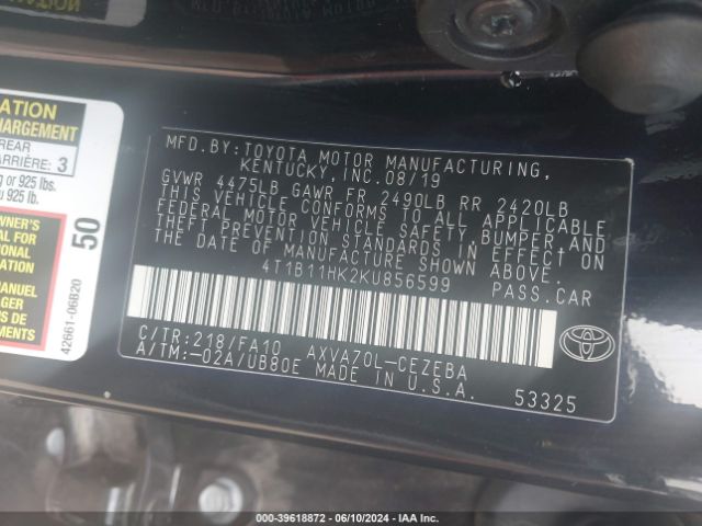 4T1B11HK2KU856599 Toyota CAMRY L