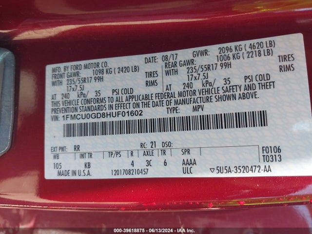 Ford ESCAPE SE 2017 1FMCU0GD8HUF01602 Image 9