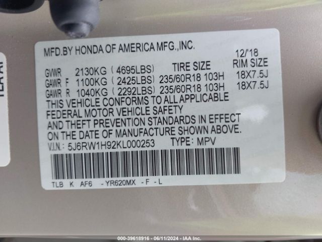 5J6RW1H92KL000253 Honda Cr-v Touring