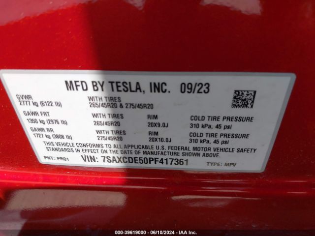 7SAXCDE50PF417361 Tesla Model X Dual Motor All-wheel Drive/standard Range