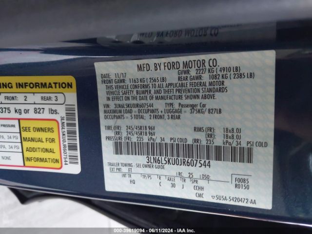 3LN6L5KU0JR607544 Lincoln Mkz Hybrid Premiere