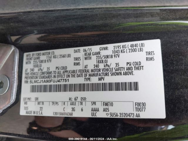 5LMCJ1A90FUJ47751 Lincoln MKC