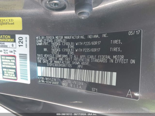 5TDYZ3DC0HS861105 Toyota Sienna Xle Premium 8 Passenger