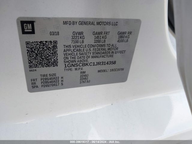 1GNSCBKC1JR314358 Chevrolet Tahoe Lt
