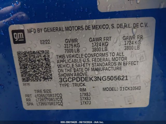 3GCPDDEK3NG505621 Chevrolet Silverado 1500 4wd  Standard Bed Lt
