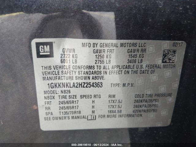 1GKKNKLA2HZ254363 GMC Acadia Sle-1