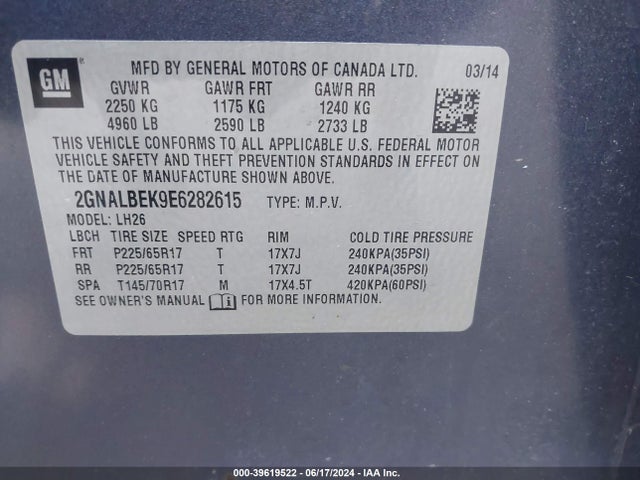 Chevrolet EQUINOX 1LT 2014 2GNALBEK9E6282615 Image 9
