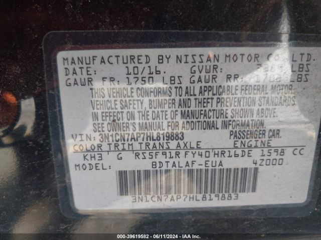 3N1CN7AP7HL819883 Nissan Versa 1.6 S