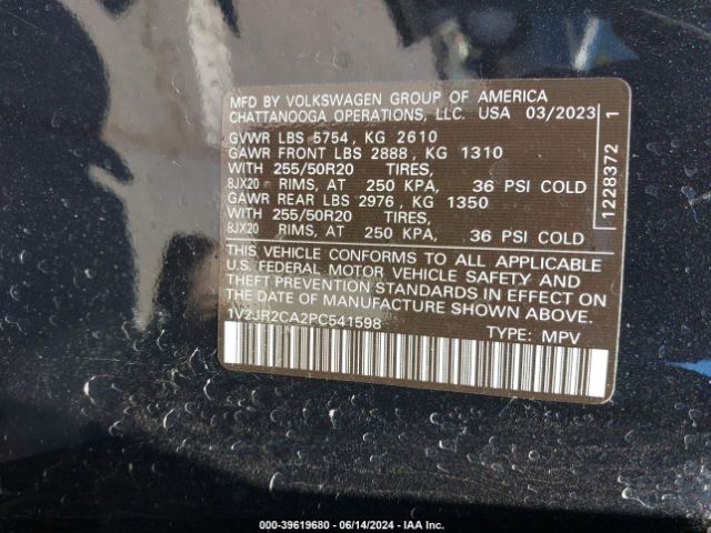 1V2JR2CA2PC541598 Volkswagen Atlas 3.6l V6 Se W/technology