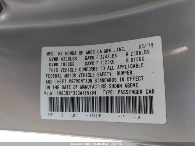 Honda ACCORD LX 2016 1HGCR2F30GA165584 Image 9