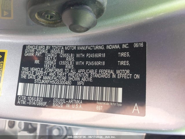 Toyota Highlander Xle V6 2016 5TDJKRFH5GS300480 Image 9