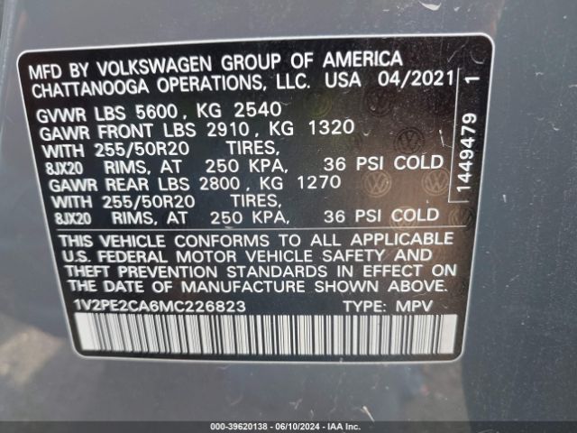 1V2PE2CA6MC226823 Volkswagen Atlas Cross Sport 3.6l V6 Se W/technology R-line
