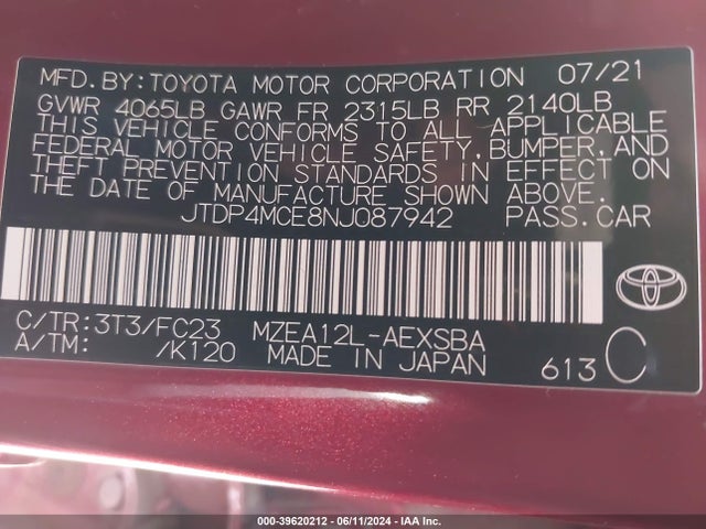 JTDP4MCE8NJ087942 Toyota COROLLA SE