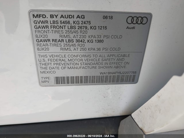 WA1BNAFY5J2207755 Audi Q5 2.0t Premium/2.0t Tech Premium