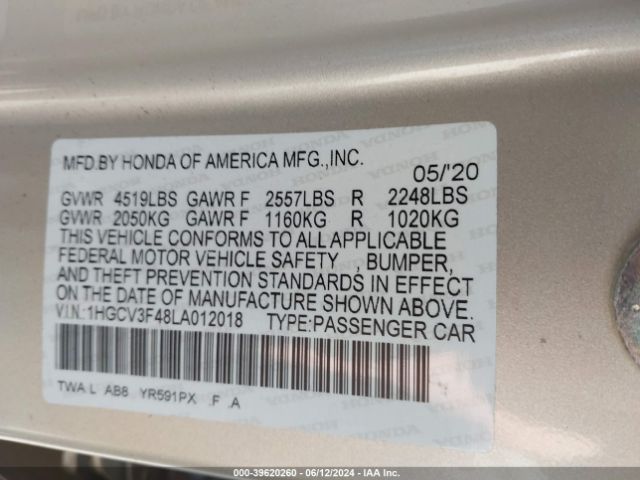 1HGCV3F48LA012018 Honda Accord Hybrid Ex