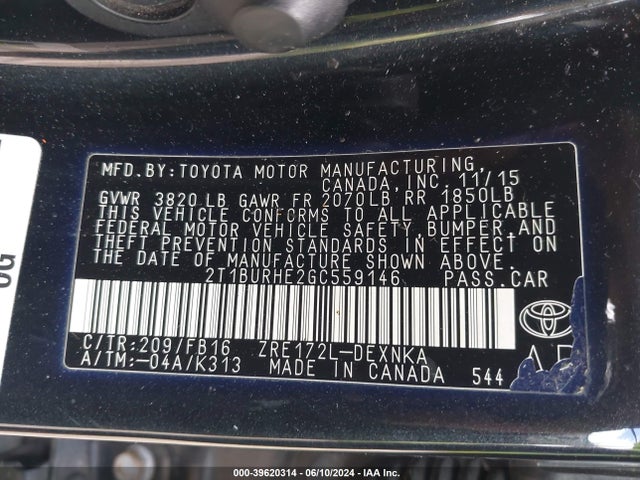 2T1BURHE2GC559146 Toyota COROLLA LE