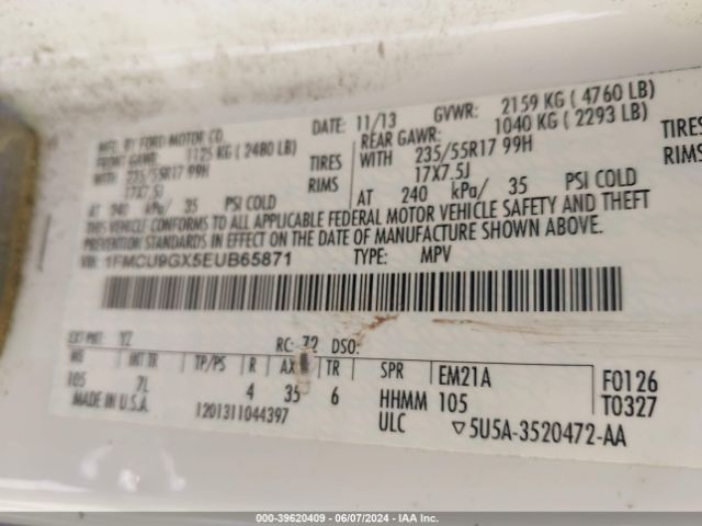 1FMCU9GX5EUB65871 Ford ESCAPE SE